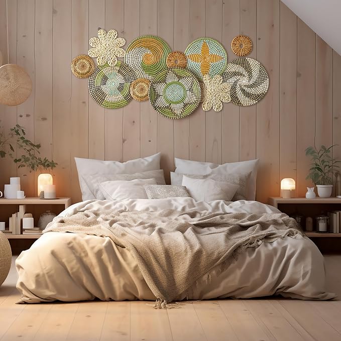 Tatuo 11 Pcs Boho Wall Basket Decor Decorative Bulrush Woven Basket Wall Decor - Image 5