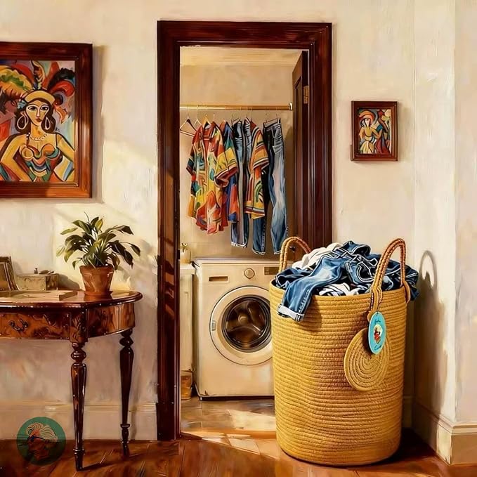 Modern Granny Large Cotton Rope Laundry Hamper 15x20 Inch Dual Secure Woven - Image 7