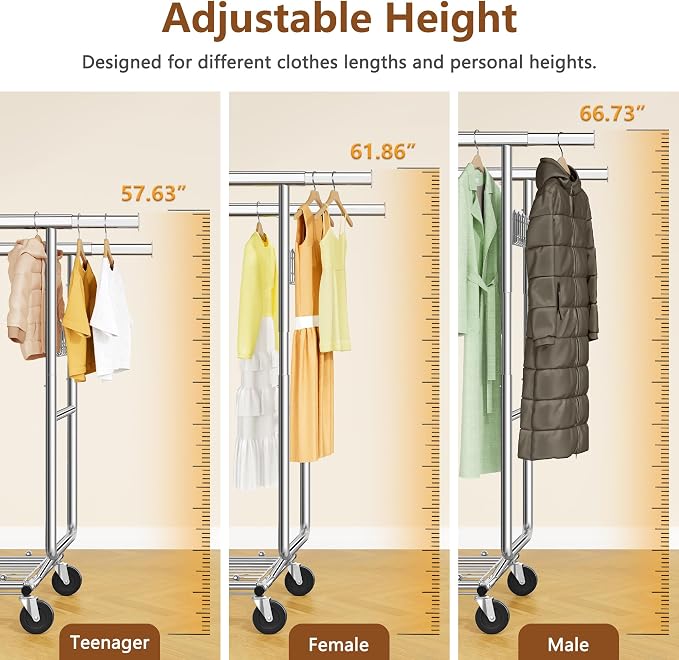 Hoctieon 2-Minute Assembly Double Rod Clothes Rack, Heavy Duty Rolling Clothing - Image 7