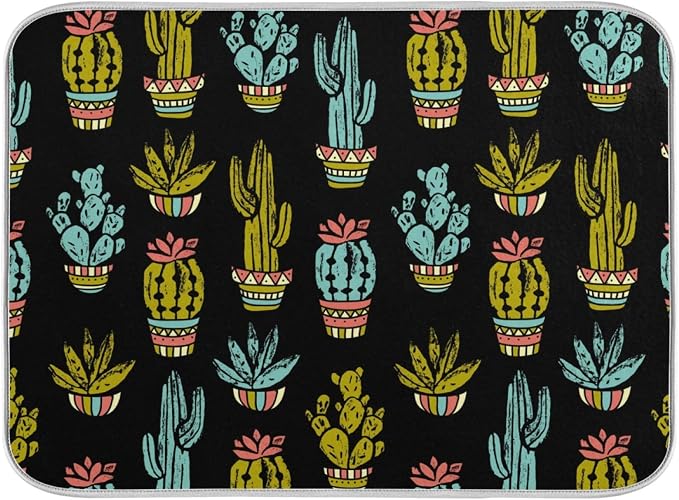 Retro Cactus Hand Drawn Pattern Absorbent Dish Drying Mat, 16 Inch x 18 Inch by Unknown