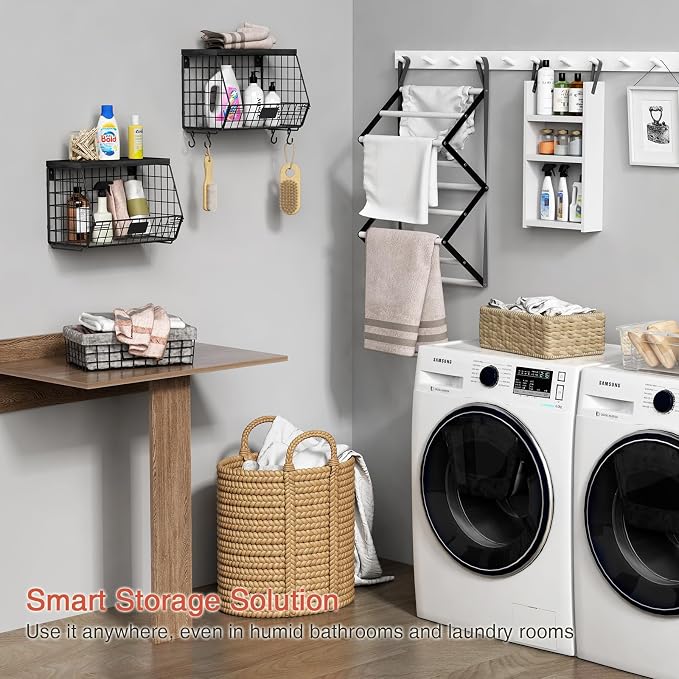 Black Kitchen Wall Hanging Storage Basket Set of 2, Rustic Stackable Kitchen - Image 5
