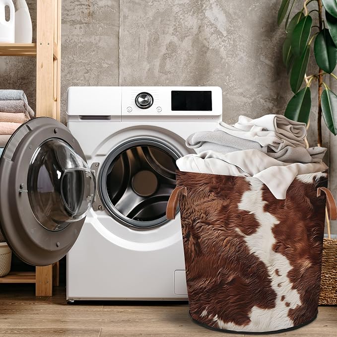 Cow Print Brown Laundry Hamper Waterproof Collapsible Basket - Image 4