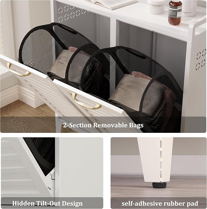 100L Dual Laundry Hamper with Wheels, Metal Rolling Laundry Cabinet with 2 - Image 6