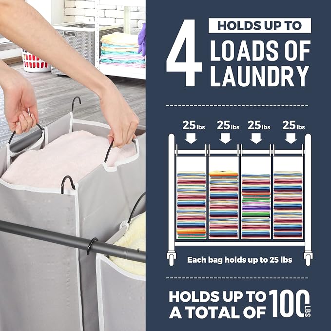 STO STO Laundry Sorter 4 Section, 4 Bag Clothes Hamper, Rolling Laundry Cart - Image 4