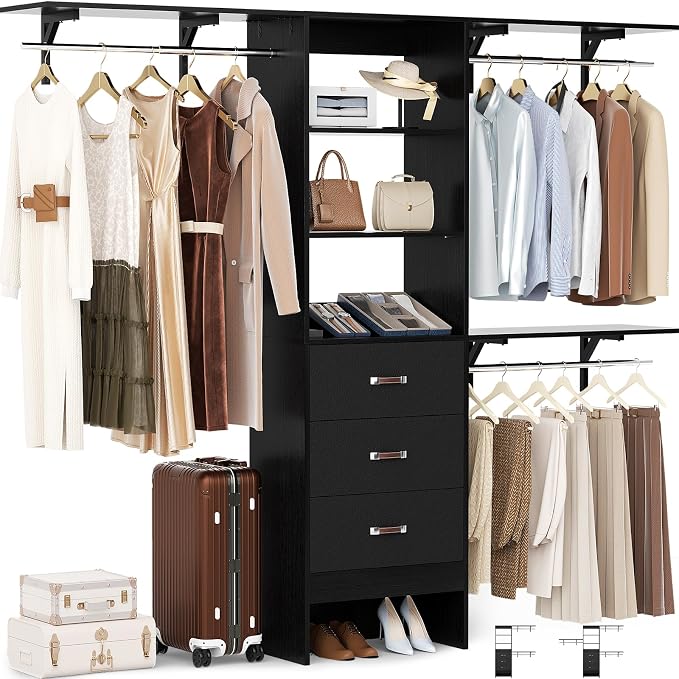 Closet System with Drawer - 8FT Wood Closet Organizer System with 3 Hanging by Besiost