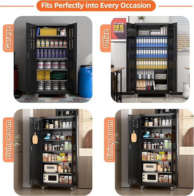 Garage Storage Cabinet with Wheels & Pegboard, Lockable Metal Storage Cabinet - Image 7