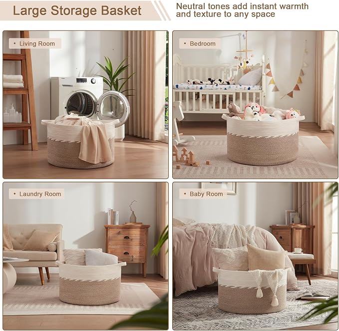 OIAHOMY 87L Extra Large Blanket Basket, Jumbo Laundry Hamper, Cotton Rope Basket - Image 6