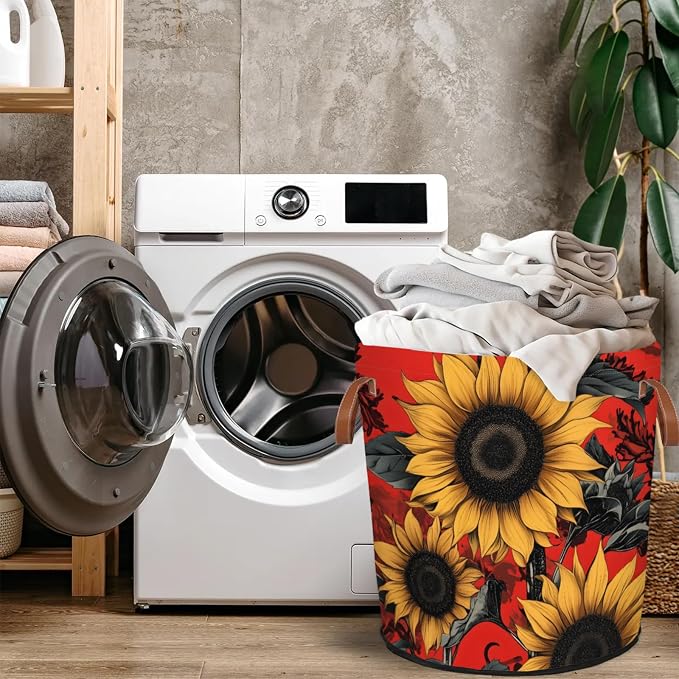 Sunflowers Red Laundry Hamper Waterproof Collapsible Basket - Image 4