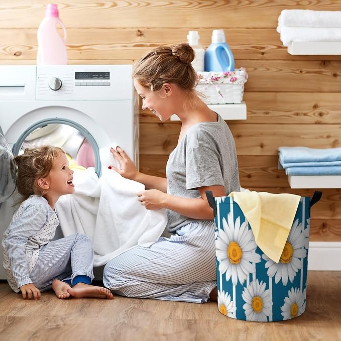 Daisy Stripes Round Laundry Bag Collapsible Storage Hamper Basket - Image 6