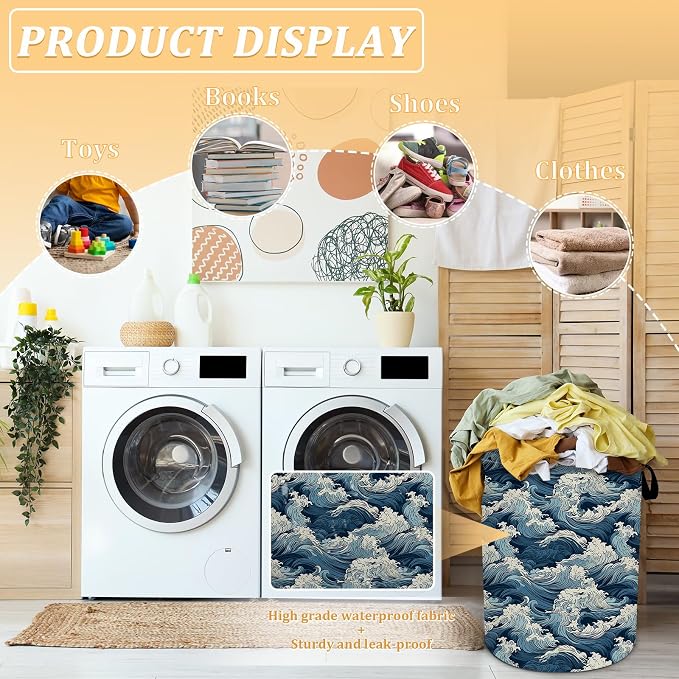 Vintage Sea Wave Laundry Basket, Foldable Waterproof Oxford Cloth Laundry - Image 4