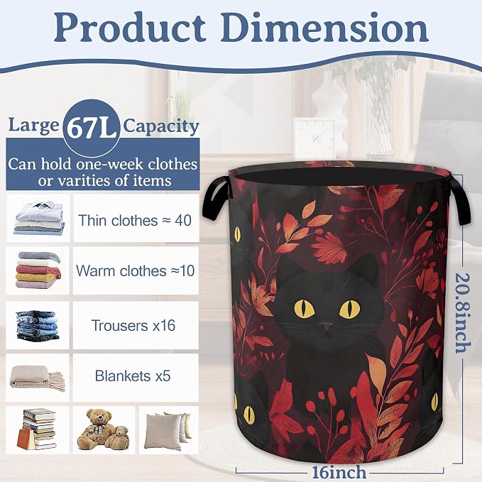 Funny Black Cat Laundry Basket, Foldable Oxford Cloth Leaf Laundry Hamper - Image 2