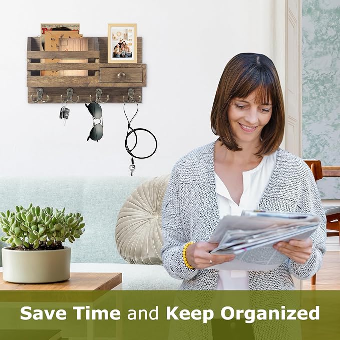Key Holder Wall Mount, Wooden Adhesive Mail and Key Organizer - Image 2