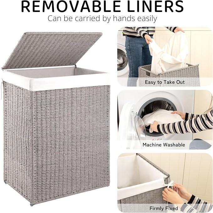 OIAHOMY Laundry Hamper with Lid, 23.8 Gal Wicker Hamper with Removable Liner - Image 3