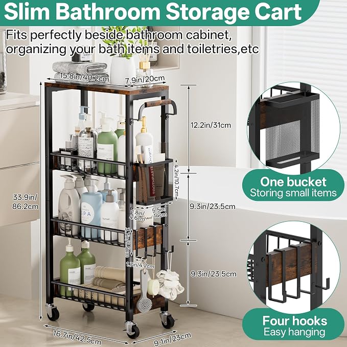 Slim Bathroom Storage Cart, 4 Tier Small Rolling Organizer Cabinet - Image 2