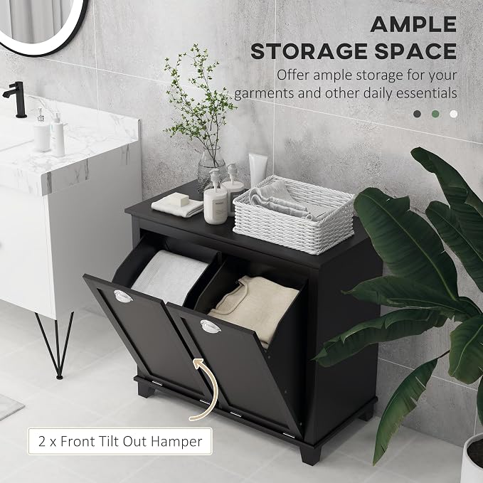 HOMCOM Dual Tilt Out Laundry Hamper Cabinet, Bathroom Storage Cabinet - Image 4