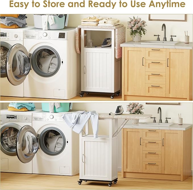 Rolling Ironing Board with Storage Cabinet, Folding Ironing Board with Wheels - Image 7