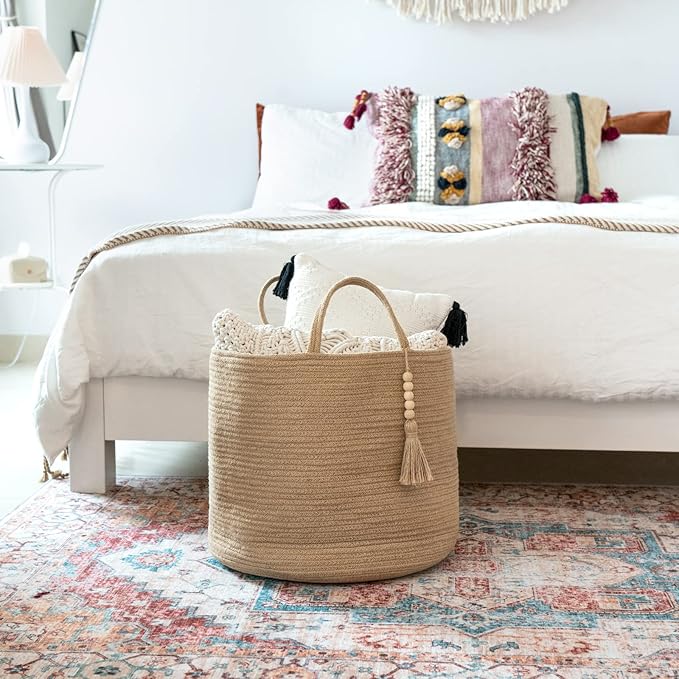 Mkono Tall Wicker Laundry Basket Woven Storage Basket Decorative Natural Rope - Image 3