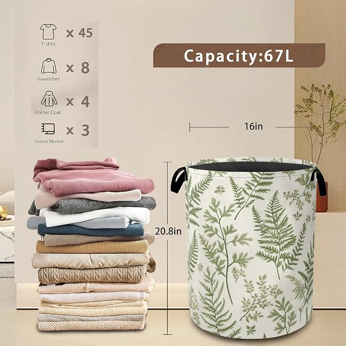 Sage Green Collapsible Laundry Baskets, Eucalyptus Leaves Laundry Hamper - Image 3
