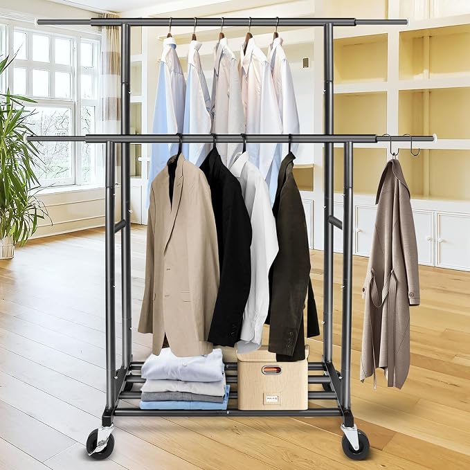 Stand Portable Black Double Rods Garment Rack - Image 6
