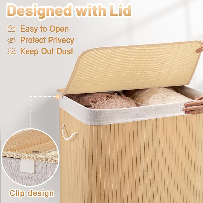 100L Laundry Hamper with lid, 2-Section Clothes Laundry Basket with Handles - Image 7