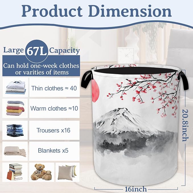 Japanese Mountain Sun Laundry Basket, Foldable Oxford Cloth Cherry Blossoms - Image 2