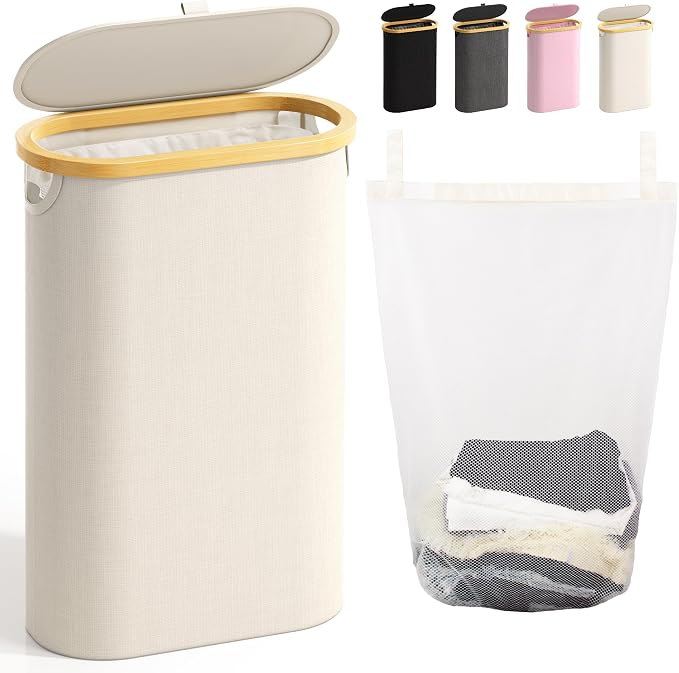 Slim Laundry Hamper with Lid, 60L Small Laundry Basket with Handles&Removable by Bathola