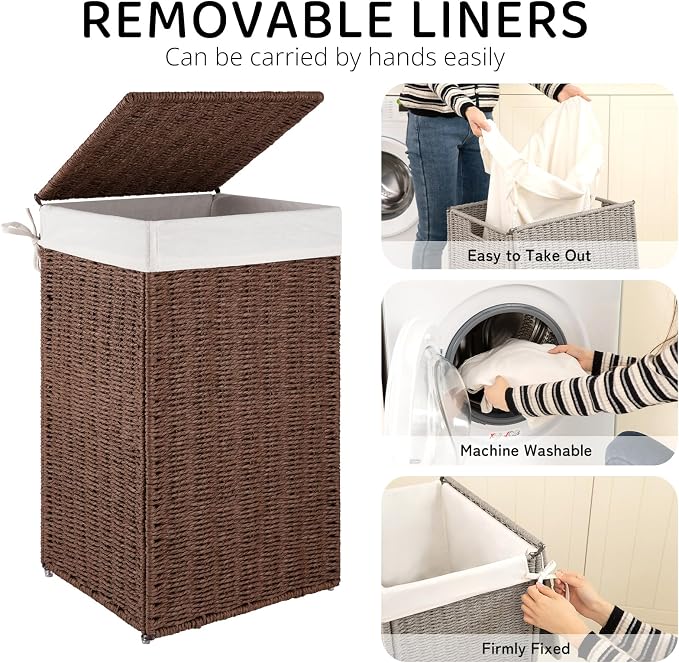 OIAHOMY Laundry Hamper with Lid, 17.2 Gal Wicker Hamper with Removable Liner Bag - Image 3