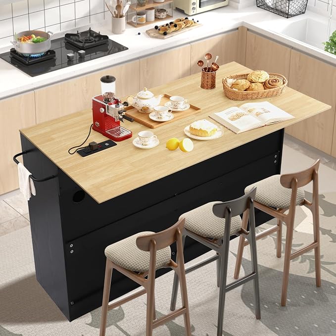60" Kitchen Island with Power Outlet & Drop Leaf, Rolling Kitchen Island Table - Image 2