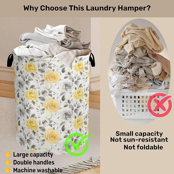 Yellow Gray Flowers Large Clothes Hamper Bag - Image 3