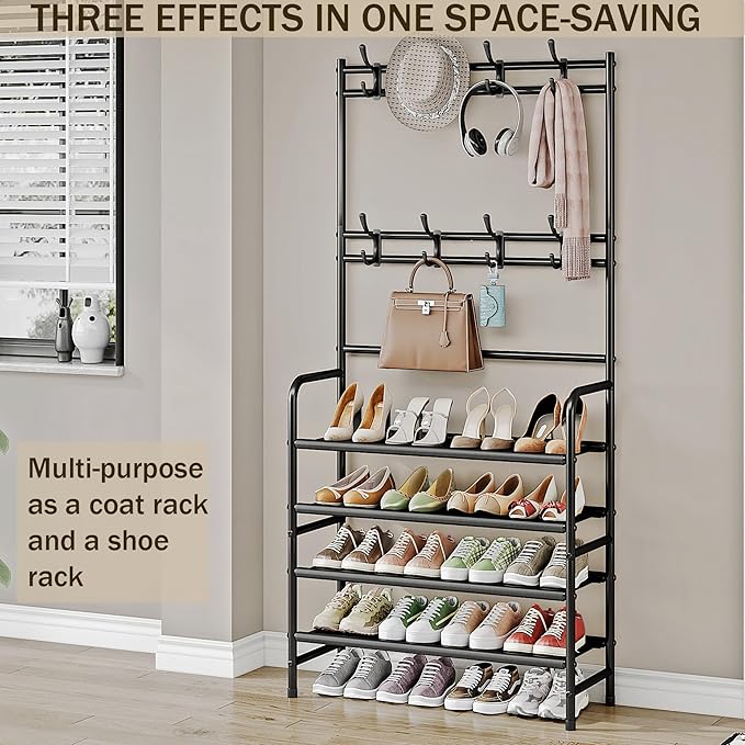 Coat Rack Shoe Rack With Storage Shelf Freestanding with 8 Hooks - Image 3