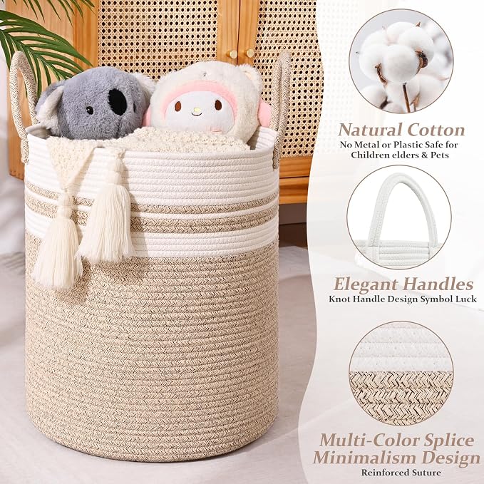 Laundry Hamper for Organizing, 52L Tall Laundry Baskets, Cotton Rope Woven - Image 4