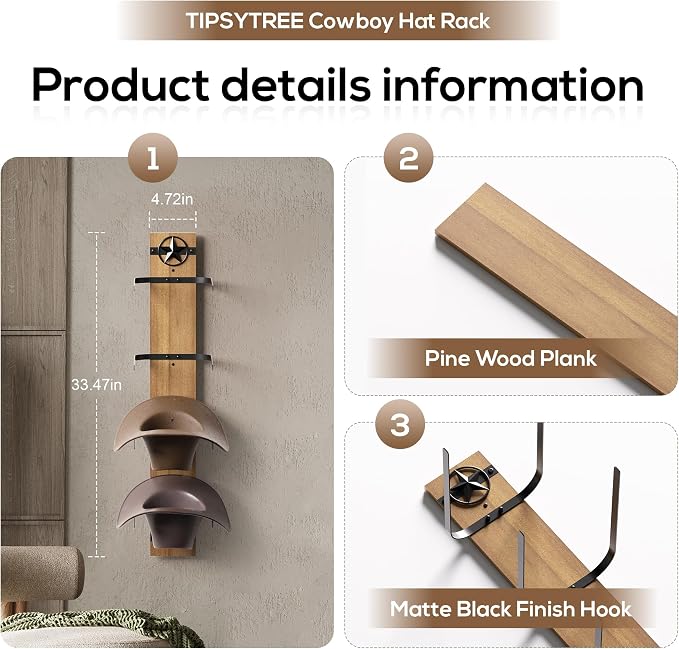 Hat Holder Rustic Wood Star Design – 2-Piece Organizer - Image 3