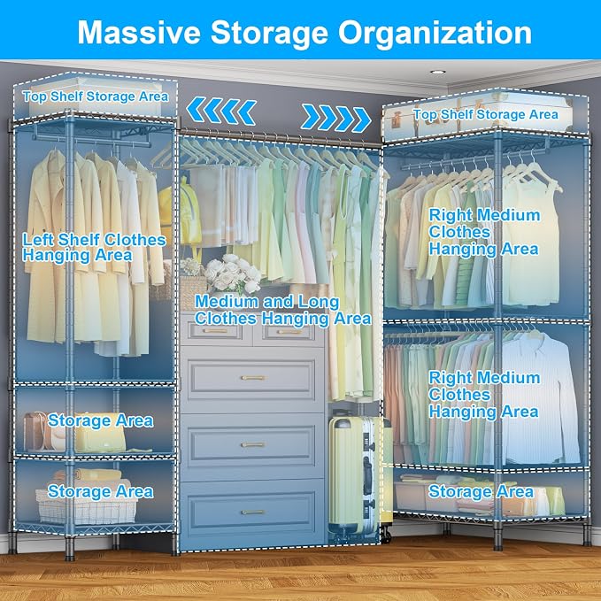 E10L L-Shaped Clothes Rack for Corner（With Expandable Hanger Rod）Heavy Duty - Image 3