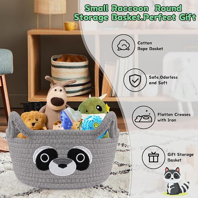 Small Storage Basket for Nursery, Raccoon Storage Basket, Round Woven Rope - Image 5