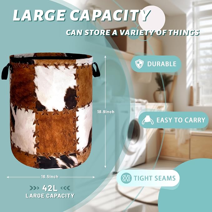 Retro Cows Print Laundry Basket Cow Cowhide Brown Funny Laundry Hamper Foldable - Image 2