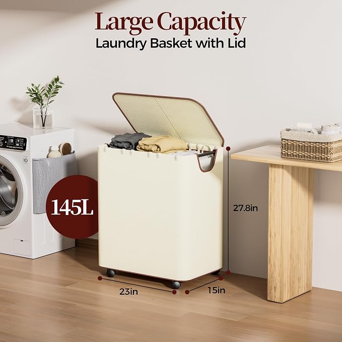 LAMU 145L Laundry Hamper with Wheels, Rolling Laundry Basket with Lid and 3 - Image 3