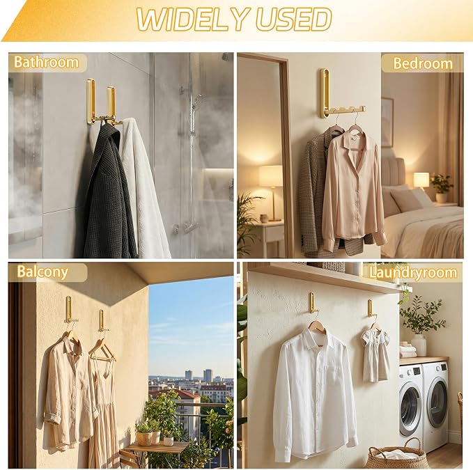 2 Pcs Extended Folding Coat Hooks Wall Mounted, 4.33 in Gold Foldable Wall - Image 6
