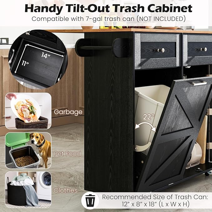 Rolling Kitchen Island with Trash Can Storage Cabinet, Drop Leaf Breakfast Bar - Image 5