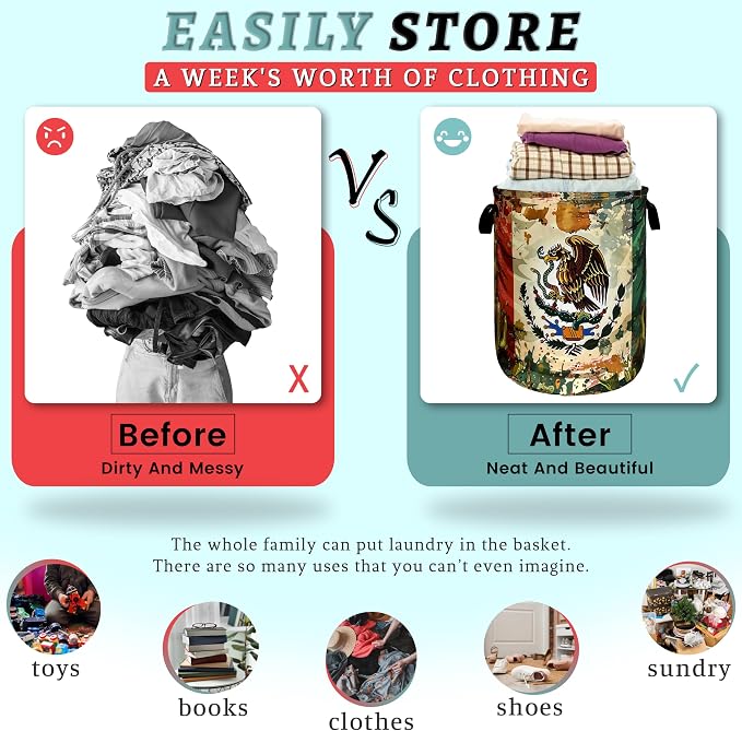Mexican Flag Laundry Basket Retro Mexican Cactus Foldable Funny Laundry Hamper - Image 3