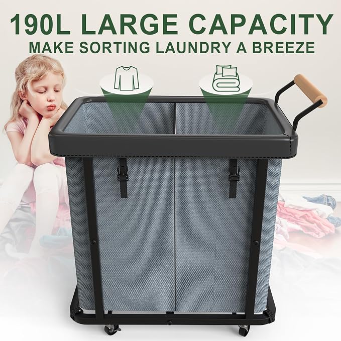 190L Extra Large Fashion Laundry Hamper 2 Section - Image 2