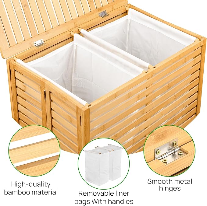 Bamboo Laundry Hamper with Lid and 2-Section Liner Foldable Wicker Laundry - Image 5