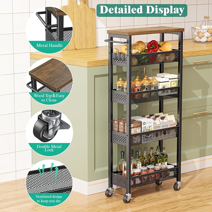 Giwil Slim Storage Cart 5 Tier Narrow Kitchen Rolling Cart on Wheels - Image 5