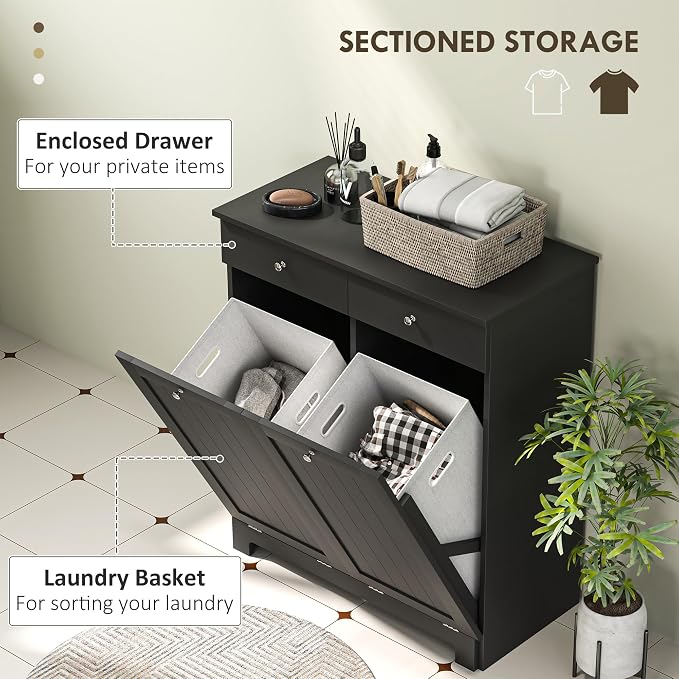 HOMCOM Laundry Cabinet with 2 Removable Baskets, Tilt Out Laundry Hamper with 2 - Image 4