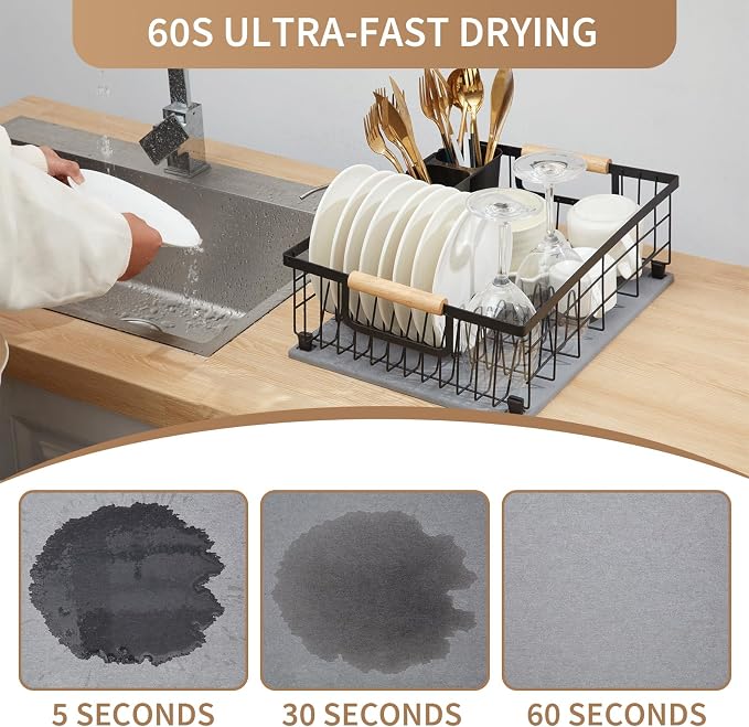 Dish Drying Rack with Stone Drying Mat, Dish Drainer and Diatomaceous Earth - Image 6