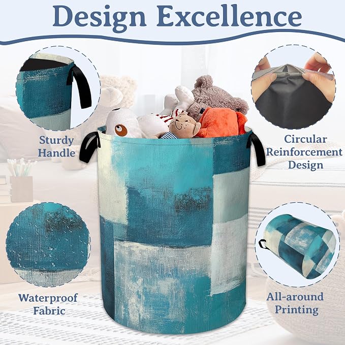 Turquoise Grey Abstract Art Painting Laundry Basket, Foldable Oxford Cloth - Image 4