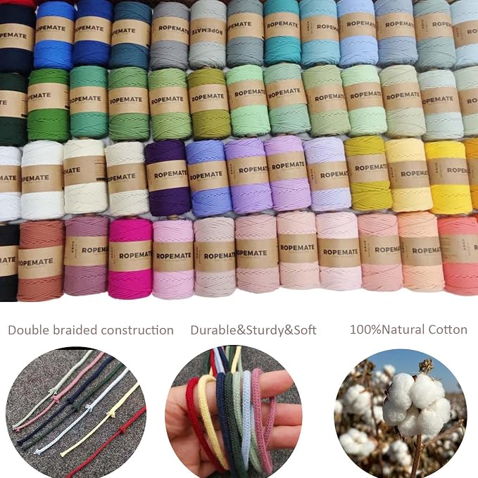ROPEMATE 100% Cotton Braided Cord 3mm 110Yards 22 Colors Optional Double - Image 2