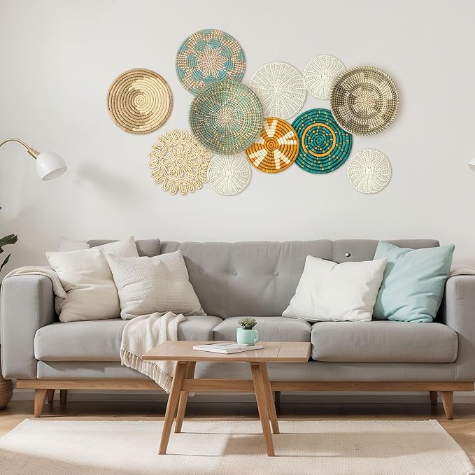 Tatuo 11 Pcs Boho Wall Basket Decor Decorative Bulrush Woven Basket Wall Decor - Image 4