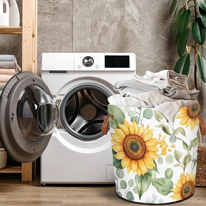 Sunflowers White Laundry Hamper Waterproof Collapsible Basket - Image 4