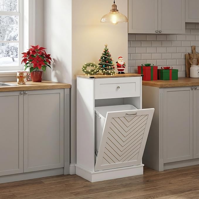 YOURLITE Tilt-Out Laundry Hamper Cabinet, 10 Gallon Herringbone Trash Can - Image 9