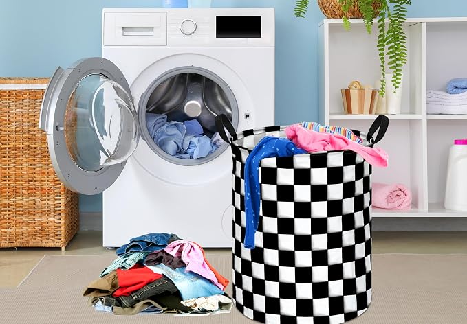 KUNRO Round Black-white Checker Laundry Gift Basket Storage Hamper, Clothes - Image 3